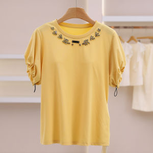 Sequined Sleeve Adjustable Loose Round Neck T-Shirt
