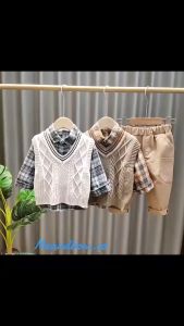 SSL57- Setelan Set Laki Vest Rompi Rajut Kemeja Kotak Celana Cotton Panjang