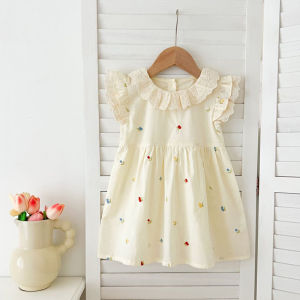Girls Flying Sleeves Dress Summre New Cute Embroidery Printed Princess Dress Toddler Kid Clothes 2-6Y Ruffled Collar Clothing