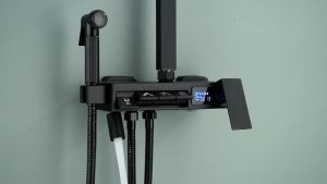 QUITE Black Bathroom Thermostat Shower Set System Faucet 4 Way Tap Digital Display Rainfall Piano Mixer