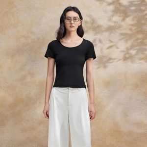 เสื้อยืดแขนสั้นทรงสลิมฟิตสำหรับผู้หญิงในช่วงฤดูร้อนปี 2024 เสื้อผ้าทำงานแขนสั้นคอตตอนผสมโพลีเอสเตอร์แบบสวมหัว BDR2YD1030