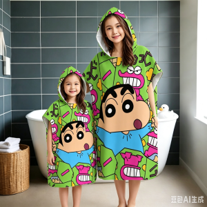 C-Crayon S-Shin-chan Parent-Child Hooded Bath Towel Cartoon Crocodile Kids Quick Dry Poncho Robe for Beach Pool Bathroom