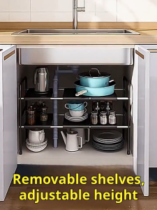 ODOROKU Under Sink Organizers 1/2 Tier Expandable Height/Length Cabinet Shelf Organizer with 8 Detachable Panels for Under Kitchen Bathroom Storage Multi-Use Under Sink Organizers and Storage Black White