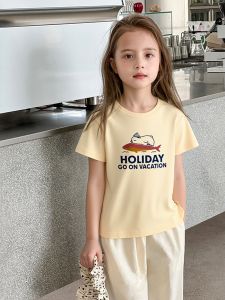 Summer Childrens Pure Cotton Short Sleeve T-shirt Korean Style Cartoon Print Girls Clothing Breathable Casual Kids Tops