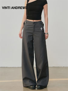 Gray Wide Leg Rivet Straight Slim Fit Draping Trousers