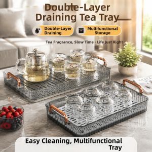 Jiaxun | Double Layer Water Draining Tray Tea Set Stand Rectangular