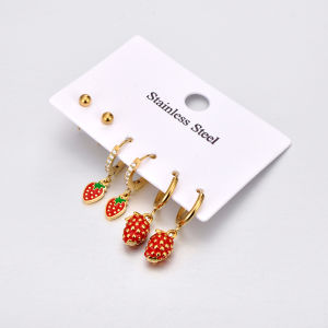 Lokaer 3Pair/Pack Fashion Red Strawberry Fruit Huggie Earrings 18K Gold Plated Stainless Steel Drip Oil Jewelry Wholesale E25078