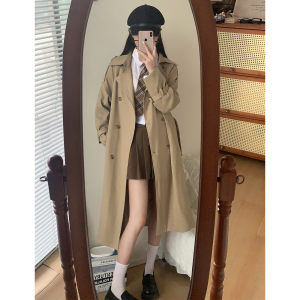 British Style Khaki Color Womens Long Coat 2025 Autumn Season Double Row Button Pure Color Loose Fit Commute Style Windbreaker