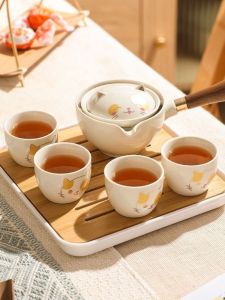 Portable Travel Tea Set Ceramic Cat Design Storage Box Home Use Tea Brewing Tool Gift Set Easy to Carry Outdoor Diningware