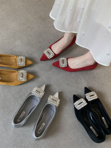 French Style Internal Heel Height Pointed Toe Crystal Buckle Dress Flats