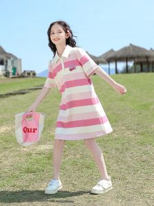 Princess Style Striped Polo Dress for Girls Summer New Fashion Casual Short Sleeve T-Shirt Dress Childrens Clothing