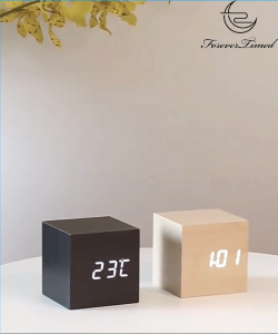 Wooden Cube Alarm Clock Mini Cube LED Digital Clock With Time Date Temperature Great For Home Office Travel