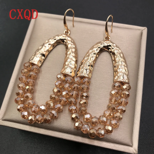 Handmade Big Long Oval Glass Beads Earrings for Women Exaggerated Simple Geometric Metal Dangle Jewelry Accessory for Party Gift