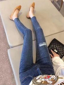 เอวสูง สลิมฟิต เดนิม กางเกงยีนส์ ผู้หญิงฤดูใบไม้ผลิฤดูใบไม้ร่วงยืดหยุ่นข้อเท้า-ความยาวดินสอ กางเกง หลุมผ้าฝ้ายผ้ายืด