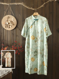 Retro Chinese Floral Print Midi Dress Loose Stand Collar Five Quarter Sleeve Modified Cheongsam Gown A-Line Silhouette Summer