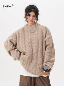 Bwka American Retro Cable Stitch round Neck Sweater Female Male Fall and Winter Heavy Weight Thicken Lazy Style Loose Couple Sweater