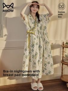 MiiOW | Cat Woman Summer Floral Print Sleepwear With Chest Pad Womens Style 2025 Country Fresh Anti-Aging Home Clothes V-neck Long Sleeve