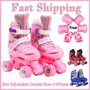 [Free protective gear]Roller Skates Outdoor Sports Childrens Roller Skates Size Adjustable 4 wheel Skates Suitable For Girls 4-16 Years Old Double Row Skate Shoes