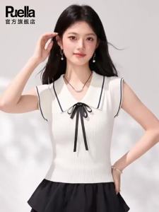 puella | Áo Thun Tay Ngắn Cổ Peter Pan Màu Khối Phong Cách Hàn Quốc Mùa Hè
