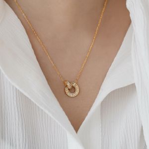 KUZH | Luxurious 18K Gold Plated Double Circle Crystal Zircon Necklace Golden Short