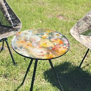 Outdoor Portable Folding Table American Country Style Picnic Small round Camping Table Garden Chair Set Rural Landscape Oil Painting