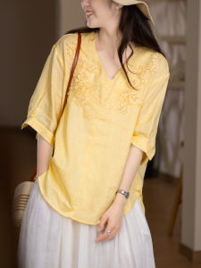 XIAOER | 100% Linen Embroidered Trimmed Sleeve Top