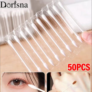 Dorisna สำลี50ชิ้นห่อแบบใช้แล้วทิ้งไม้พันสำลีแบบพกพาสำหรับเดินทางพกพาได้สองชั้นเครื่องมือทำความสะอาดเครื่องสำอาง
