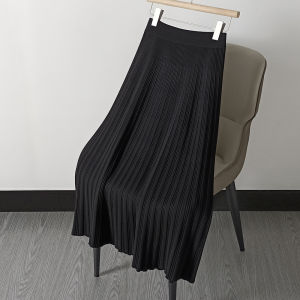 Knitted Thickened Autumn Winter Long Skirt Womens High Waist Pleated Slimming Midi Skirt Korean Style Commute Polyester Fiber