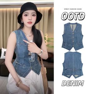 Womens Summer Thin Design Sense Retro No-Sleeve Vest Tank Top V-Neck Cotton Polyester Blend Street Style Denim Jacket