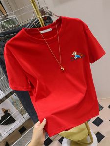 SUSHOUWANGE | Cartoon Horse Print T-Shirt Loose Round Neck Red