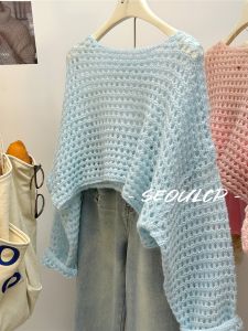 Seoulcp Hollow out Knitwear Short Style Womens Spring Outerwear Layering Top Long Sleeve Overhead round Neck Viscose Fiber