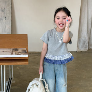 Spring New Arrival Childrens Cotton T-Shirt Set Short Sleeve Denim Pants for Girls Baby Girls Outfit Korean Style Kids Clothes