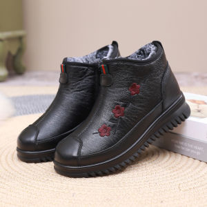 LUQUTCR Winter New Low Heel Cow Muscle Sole Short Ankle Boots Ethnic Style Flower Colored Genuine Leather Womens Boots
