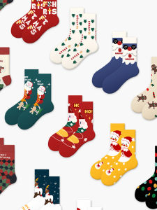 Christmas Couple Socks Cartoon Original Illustration Cute School Style Mid-Calf Santa Claus Mens Gift Artistic Cotton Socks