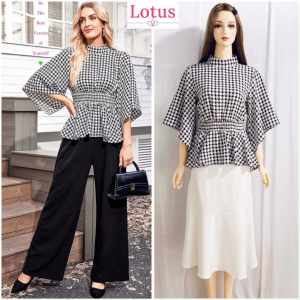 Lotus] Áo Kiểu Nữ Và Chân Váy Dáng Dài Sang Trọng Vải Kate Lụa Đẹp Mềm Mát/ Áo Sơ Mi Công Sở/ Áo Peplum Nhún Eo Viền Bèo Xếp Ly Dáng Xoè Che Khuyết Điểm Tôn Dáng