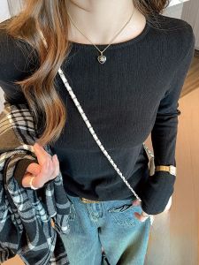 MiiOW | Black Long Sleeve Base Shirt Womens Fleece Warm Slimming T-shirt Cat Person Daily Wear Polyester Spandex Blend Round Neck Top