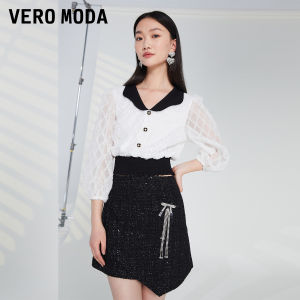 Vero Moda | Áo Blouse Nữ Vintage Đa Năng Dây Nơ Peter Pan Màu Đối Chọi Dáng Eo Co Giãn Tinh Tế