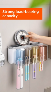 JOYBOS Wall Mounted Toothbrush Holder Set with Dust-Proof Cover Plastic Toothbrush & Mouthwash Cup Organizer No Drilling Installation