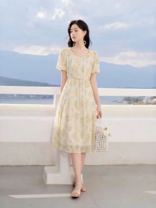XIANGYING | Elegant Summer Holiday Floral Square Neck A-Line Dress