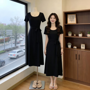 AIYITI | Vintage Style Black Maxi Dress Short Sleeves Slimming Large Size Summer New