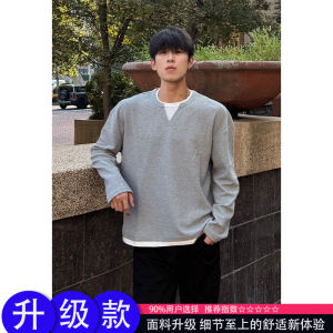 เสื้อยืดคอกลมแขนยาวสีเทาสำหรับผู้ชาย ทรงหลวม สไตล์อเมริกัน เสื้อสเวตเตอร์คอวี แฟชั่นฤดูใบไม้ร่วง เสื้อเชิ้ตคอกลม