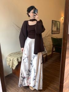 New Chinese Style Lazy Fashion Knitted Open Cardigan with Belt And Ink Print Horse Face Skirt Spring 2025 Womens Ensemble