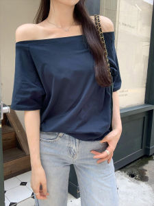 Loose Shoulder T-Shirt Women Summer 2024 New Style Lazy Fashion High-End Feeling Short Sleeve One-Shoulder Casual Pure Color Top