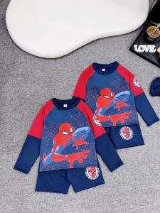 Đồ bơi bé trai hình siêu nhân gồm quần và áo dài tay kèm mũbộ quần áo đi bơiđi biển bé trai 10-35kg