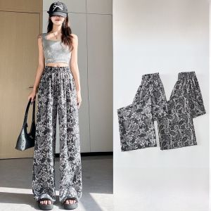Summer Thin Wide Leg Pants Floral Print Casual Loose Fit High Waist Long Trousers Polyester Fiber Knitted Casual Air Conditioned