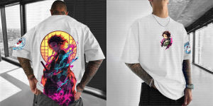 White Cotton T-Shirt Demon Slayer Back Print Tanjiro Kamado Red Black Hair Blue Purple Flame Round Window Sleeve Mask