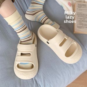 Thick Bottom Slip-On Sandals Womens Summer Fashion Anti-Slip Beach Shoes Double Strap Cute Ugly Flat Heel Korean Style Pure Color