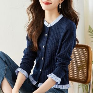 Color Block Knitted Short Top Womens Spring Fashion 2024 Cardigan Style Outerwear Korean Style Loose Fit Long Sleeve