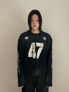 URRRGE Vintage Washed Faded Print Boxy Short Wide Fit Long Sleeve Tee Casual Loose Style Mens Sweatshirt Fashionable Streetwear