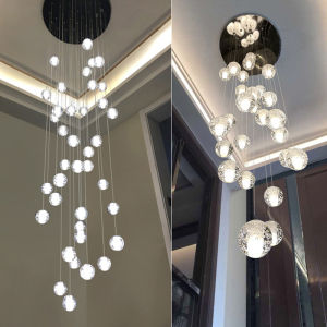 [Tricolor Changeable] Light Luxury Pendant Lamp Duplex Villa Staircase Chandelier Simple Restaurant Living Room Nordic Creative Glass Meteor Shower Crystal Ball Long Chandelier